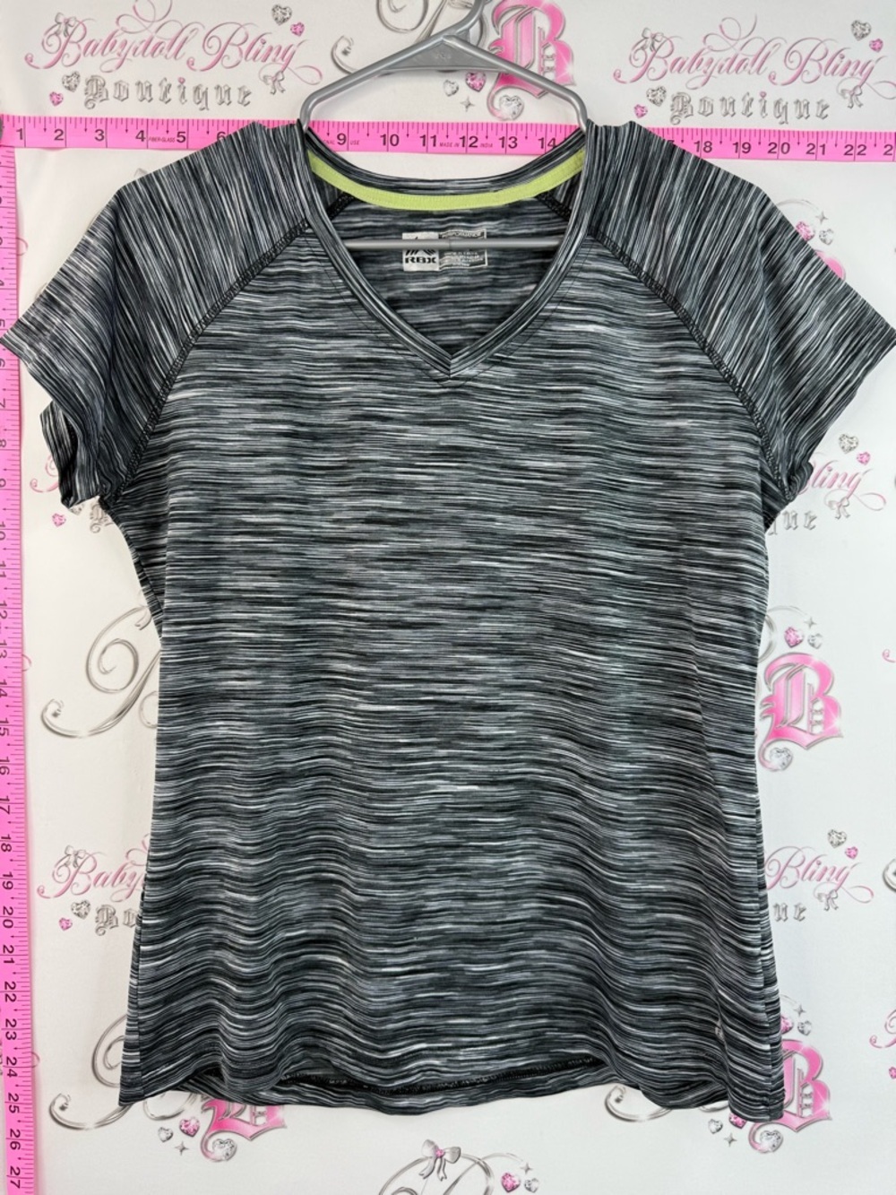 RBX T-shirt stretchy soft Grey Space-Dye V-Neck Active Tee with Lime Trim